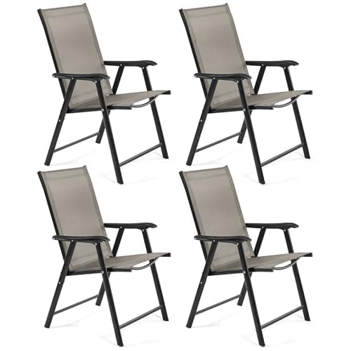 Image of Yaheetech Patio Folding Dining Chairs Set of 4 with Breathable Texteline Fabric, All Weather Outdoor Folding Garden Chairs with Steel Frame for Garden, Lawn, Porch, Backyard, Poolside, Brown