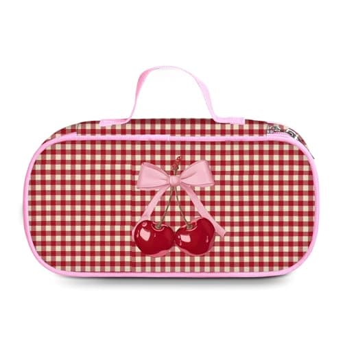 Image of Cunegra Red Cherry Bow Pencil Case, Large Capacity Aesthetic Pencil Case for Girls, Polyester Cherry Pencil Cases with Handheld Design for School and Office, Gift for Students and Teens