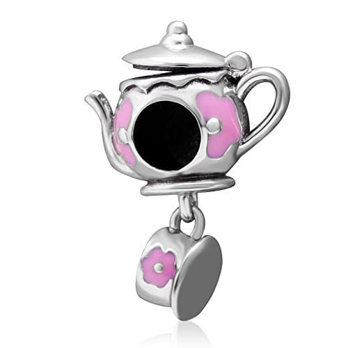 Image of Teapot Charm 925 Sterling Silver Cup Charm Family Charm Coffee Charm Love Charm Flower Charm for Pandora Charm Bracelet