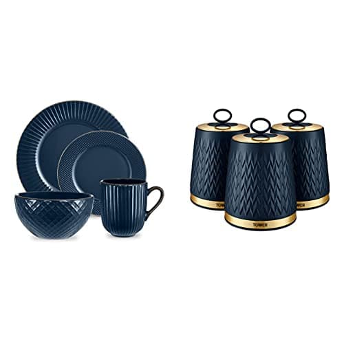 Image of Tower T867002MNB Empire 16 Piece Dinnerware Set, Stoneware, Midnight Blue and Brass & Empire Kitchen Storage Canisters, Tea Coffee Sugar Set