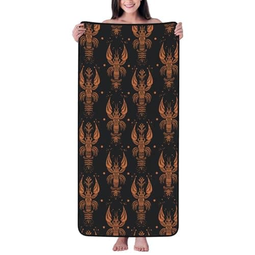 Image of Buewutiry Bath Towel - Orange Retro Lobster Print Highly Absorbent Towels for Bathroom, 27x55in Quick Drying Microfiber Bath Towels for Body, Large Soft Shower Towels for Yoga, Spa, Gym