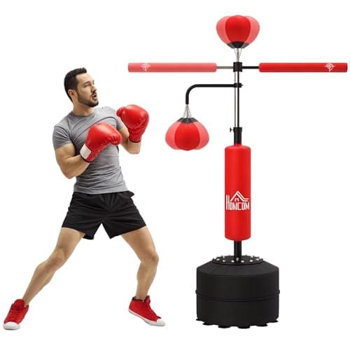 Image of HOMCOM 4-in-1 Boxing Punching Bag Free Standing with 2 Speed Balls, 360 Degree Relax Bar, PU-Wrapped Boxing Bag and Fillable Base, 160-230cm Adjustable Height, Red