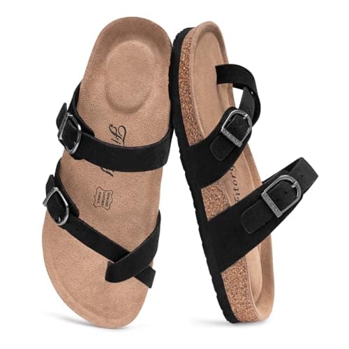 Image of FITORY Women's Slide Sandals with Soft Cork Footbed, Comfort Arch Support Flat Sandals for Summer Suede Black Size 6.5