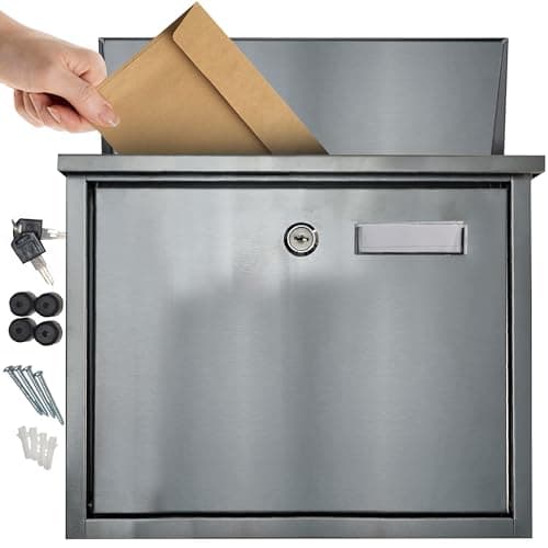 Image of FURNISHED Wall Mounted Letter Box - Large Mail Outdoor Post Box Weather Resistant Postbox for Outside Wall Stainless Steel Lockable Letterbox Top Loading Mailbox with Cylinder Lock, Silver