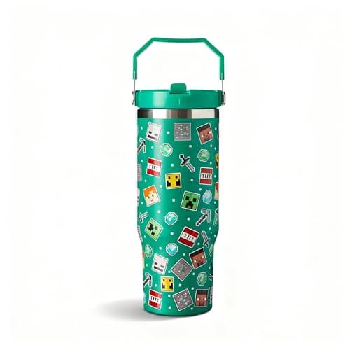 Image of Minecraft 900ml Thermal Travel Mug Water Bottle Tumbler - Leakproof Straw & Lid - Stainless Steel Vacuum Insulated | Cold for 17Hrs - Hot for 5Hrs, Green