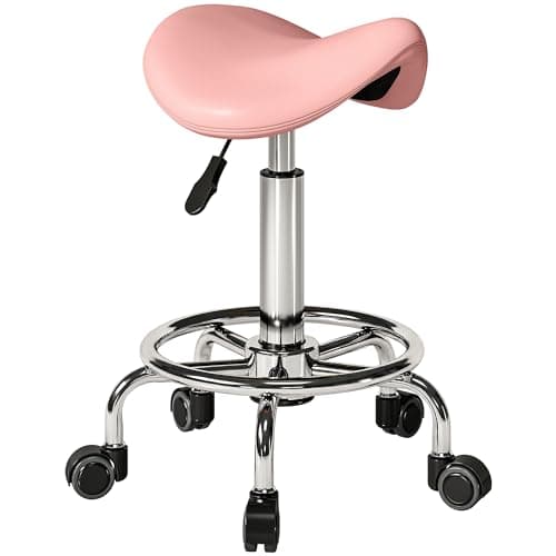 Image of HOMCOM Saddle Stool, PU Leather Adjustable Rolling Salon Chair for Massage, Spa, Clinic, Beauty, Hairdressing and Tattoo, Pink