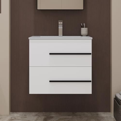 Image of LDarqeer 600mm Wall Mounted Bathroom Vanity Unit with Basin, Ceramic Basin, Floating Fluted Cloakroom Vanity Cabinet, White High Gloss, 2 Soft-Close Drawers, Single Tap Hole, Black Metal Handles
