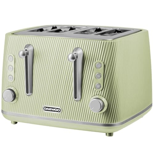 Image of Daewoo Cascade 4 Slice Toaster – Sage Ribbed Finish, Dual Independent Controls, Adjustable Browning, Cancel, Reheat & Defrost Functions, Removable Crumb Trays