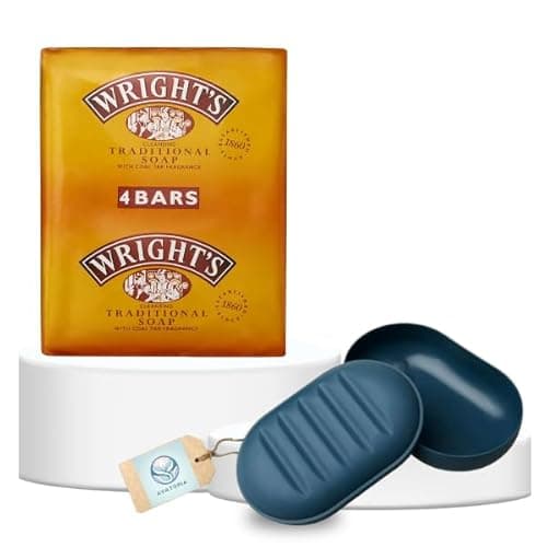 Image of Wrights Traditional Bar Soap 125g Multipack of 4 with Portable Dish Tray and Lid | Coal Tar Soap for All Skin Types | Antibacterial Hand Bar & Natural Original Multipack for Home, Gym, and Travel