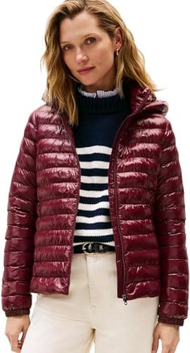 Image of Tommy Hilfiger Women’s Slim Quilted Jacket with Hood, Red (Deep Burgundy), M