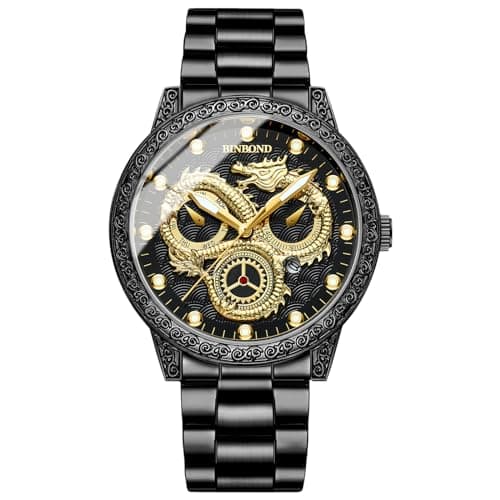 Image of Oidea Luxury Gold Dragon Men's Watch: Analog Quartz Watches for Men Business Dress Wrist Watch Waterproof Luminous Date Wristwatches with Black Stainless Steel Strap