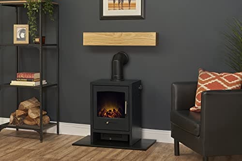 Image of Adam Oak Beam, Hearth & Stove Pipe with Bergen Stove in Charcoal Grey