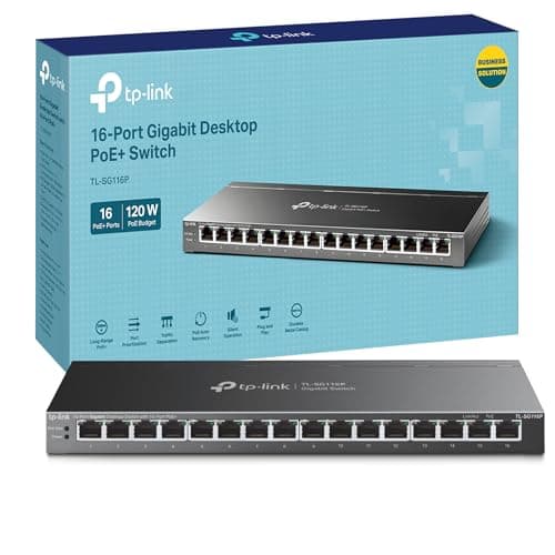Image of TP-Link TL-SG116P 16-Port Gigabit Desktop Network Switch, Dedicated 16-Port PoE+ Ethernet Splitter, 120 W Total Power Budget, Transmission up to 250 m, Fanless Design PoE Switch, Durable Metal Casing