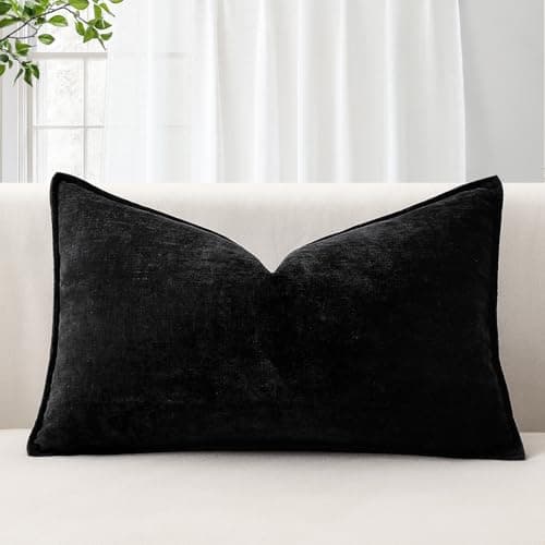 Image of Sungeek Soft Chenille Cushion Cover 30x50cm Lumbar Decorative Throw Pillow Cover with Stitched Edge Solid Dyed Pillow Case Cover for Home Decor Couch Sofa Bed Living Room, Black