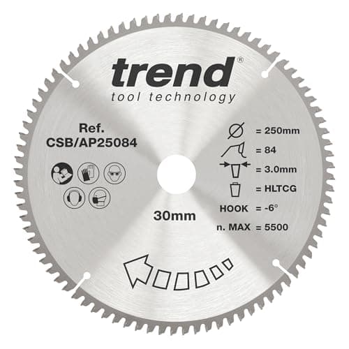 Image of Trend Aluminium & Plastic Circular Saw Blade, 250mm Diameter, 30mm Bore, 84 Teeth, 3mm Kerf, -6° Hook, TCT, Extra-Fine Finish, CSB/AP25084