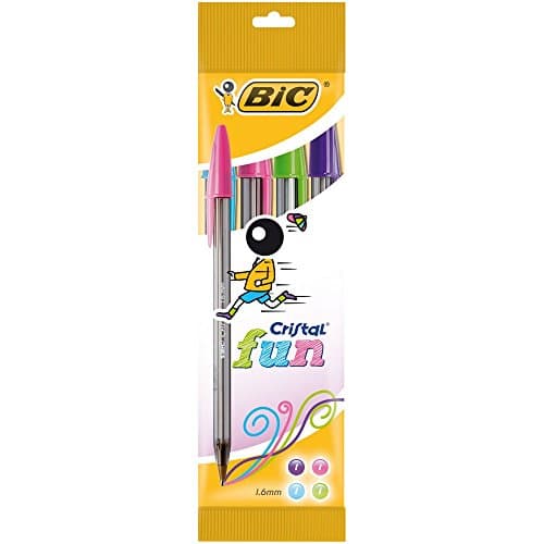 Image of BIC Cristal Fun Ballpoint Pens - Pack of 4- Assorted Colours - Wide Point (1.6 mm) - Exciting and Eye-Catching Colours for Writing