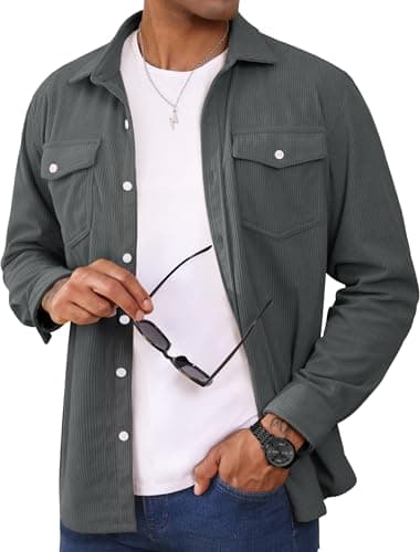 Image of MAGCOMSEN Men Shirts Jacket Long Sleeve Corduroy Shacket Button Down Casual Overshirt for Men Smart Regular Fit Dark Grey