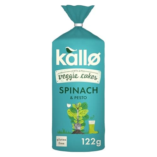 Image of Kallo Spinach & Pesto Veggie Cakes,Lentil & Pea Puffed Crackers Made From Plants, High in Protein and Fibre Low Fat Healthy Snacks, Vegan Friendly, Gluten Free, No Artificial Flavours – 1 x 122g
