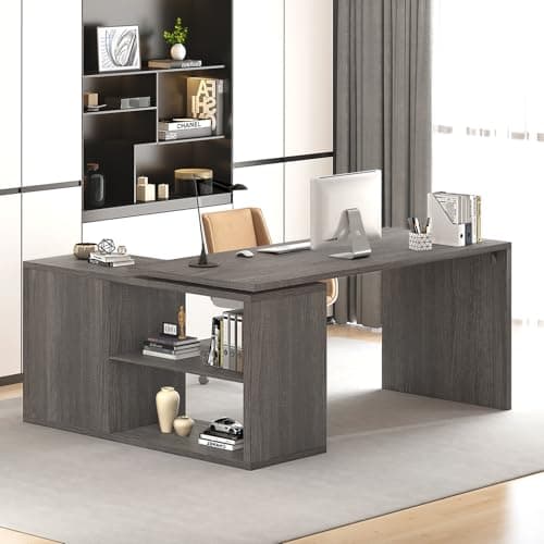 Image of HSH L Shaped Computer Desk, Rustic Wood Corner Desk, Industrial Writing Workstation Table with Cabinet Drawer Storage for Home Office Study, Dark Grey, 140 CM