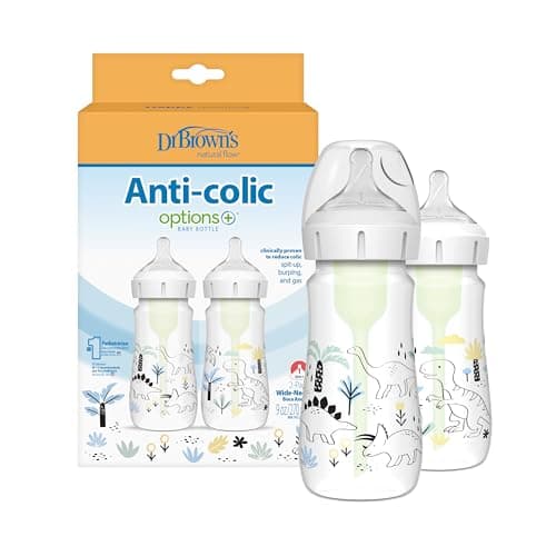 Image of Dr. Brown’s Natural Flow® Anti-Colic Options+™ Wide-Neck Baby Bottle, 9oz/270ml, with Level 1 Teat, 2-Pack, Dinosaur Design