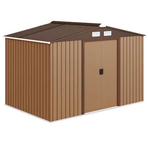 Image of Outsunny 9 x 6ft Metal Garden Shed, Outdoor Storage Tool House with Ventilation Slots, Foundation Kit and Lockable Double Doors, Light Brown