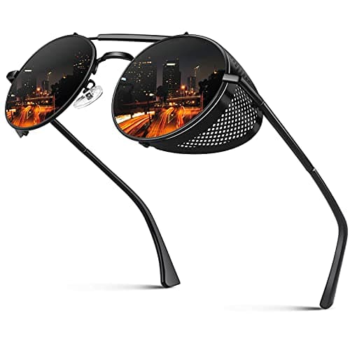 Image of CGID Polarised Sunglasses for Women Men Steampunk Retro Round Unisex Eyewear Glasses UV400,Side Shield Goggles Gothic Sun Glasses Black Frame Grey Lens