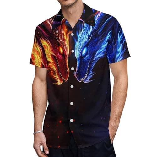 Image of Ice And Fire Dragon Hawaiian Shirts for Men Short Sleeve Casual Beach Shirt T-Shirts Tops 3XL