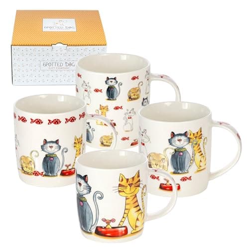Image of SPOTTED DOG GIFT COMPANY Cat Mugs Set of 4 – 350ml Ceramic China Coffee Mugs & Tea Cups, Cute Funny Cats Themed | Cat Gifts for Women, Christmas or Birthday Presents