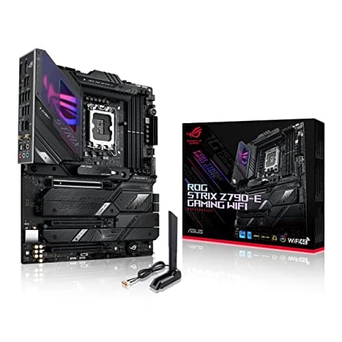 Image of ASUS ROG Strix Z790-E Gaming WiFi Intel® Z790 LGA 1700 ATX motherboard, 18 + 1 power stages, DDR5, five M.2 slots, PCIe® 5.0, WiFi 6E, USB 3.2 Gen 2x2 Type-C® with PD 3.0 up to 30W, and Aura Sync RGB