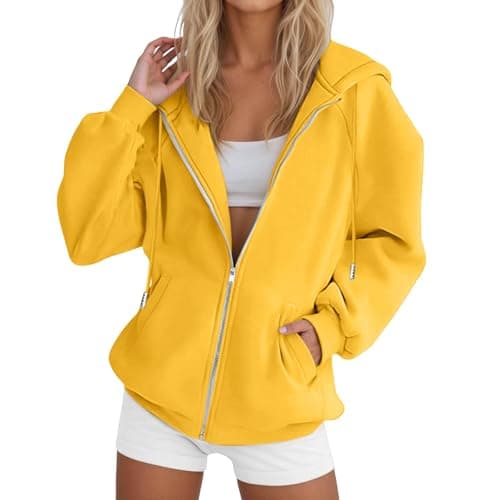 Image of Hoodies For Women UK Oversized Hoodie Zip Up Sweatshirts Trendy Casual Loose Long Sleeve Crewneck Pullover Comfy Fall Winter Cloth Fashion Ladies Outfit Yellow