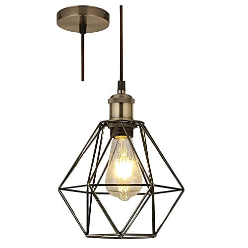 Image of Antique Brass & Brown Braided Cable Retro Bird Cage Geometric Wired Pendant Ceiling Light 22cm | Round Fixing Plate | 1.5 Metres Cable | Industrial Vintage Style | 1 x ES Lamp Required