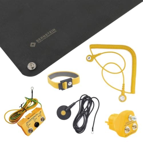 Image of BERNSTEIN ESD Handling Set 6-Piece Foldable ESD Mat 500 x 400 x 0.5 mm with Bracelet 1 x Earth Plug 2 x 10 mm, M5 Connection, 1 x Grounding Block, 2 x 10 mm Press Studs, 1 x 4 mm Banana Plug Socket