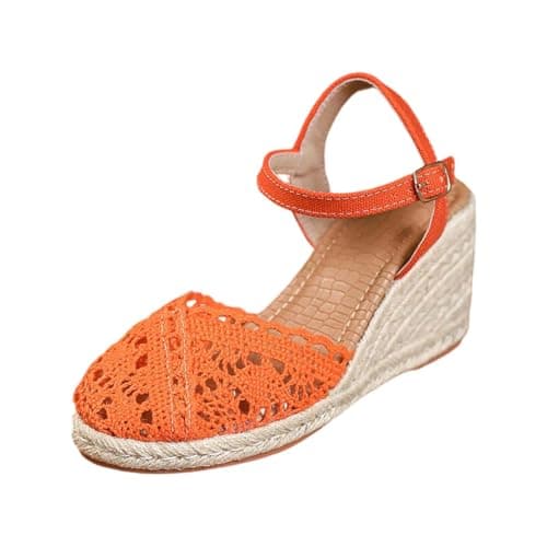 Image of Ladies Casual Sandals Summer Fashion Solid Color Lace Up Espadrille With Toe Cover And Woven Design (Orange, 5.5) for Holiday & Travel