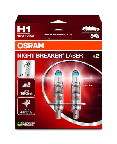 Image of OSRAM NIGHT BREAKER LASER H1, +150% more brightness, halogen headlight lamp, 64150NL-2HB, 12V, Hanging folding box (2 lamps), white