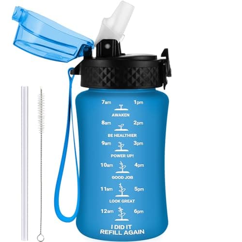 Image of GOPPUS 350ml/12oz Kids Water Bottle With Straw Tritan Drinks Bottle with Strap Small Toddler Juice Bottles with Flip Top Lid Leakproof Children's Cup with Time Marking BPA free Girl Boy (Blue)