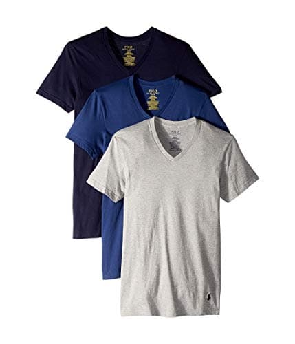 Image of Polo Ralph Lauren Mens Classic Fit Cotton V-Neck Undershirt 3-Pack, Andover Heather/Bali Blue/Cruise Navy, Large