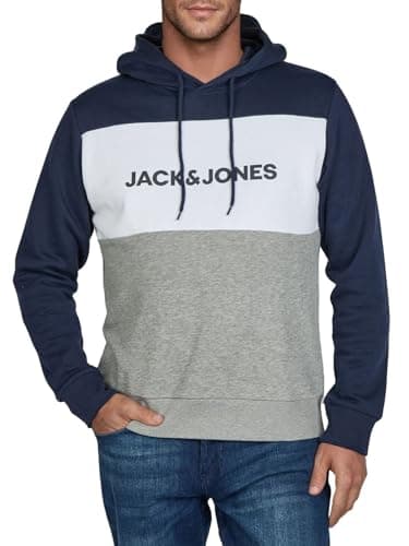 Image of JACK & JONES JWHLOGO Men's Hoodie with Print Blocking Regular Fit Plus Size Hoodie Pullover Green Blue Beige Navy S M L XL XXL 3XL 4XL 5XL 6XL 7XL 8XL, Blazer navy, 7XL