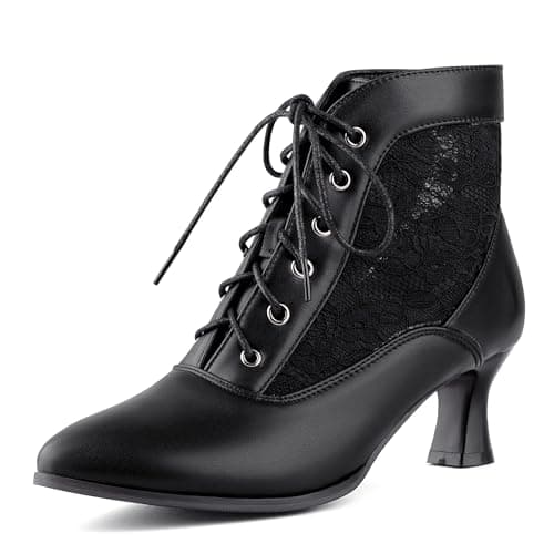 Image of COOLCEPT Black Victorian Lace Up Ankle Boots for Women Vintage Elegant Booties Kitten Heel Lace Boots Dress Boots for Wedding Guest Party Gothic Retro Size 39