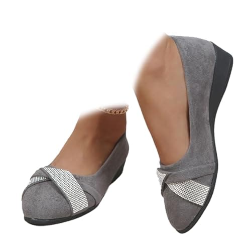 Image of Women's Comfortable Arch Support Wedge Slip-On Shoes, Lightweight Leather Shoes Low Heel Wedge Casual Work Ballerina Court Shoes (Grey Rhinestones,5)