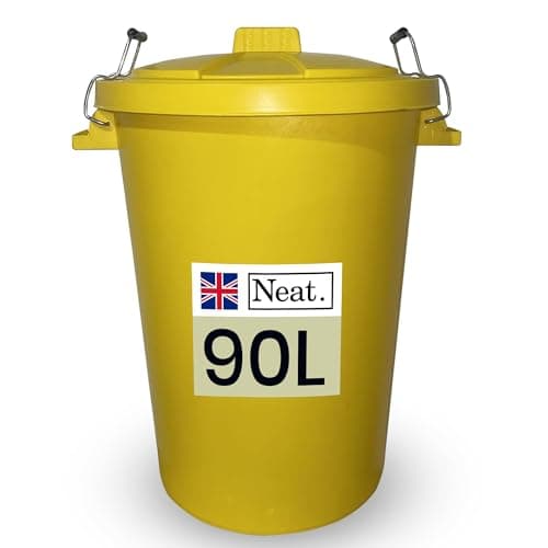 Image of Neat. 90L Large Plastic Bin With Metal Handle and Lid, Heavy Duty Kitchen Container for Indoor Outdoor Waste, Refuse, Garden, or Animal Feed Storage - Yellow, 1 Pack
