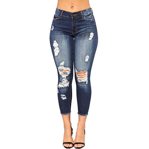 Image of CME SHOWU Women Skinny Ripped Jeans Stretch Distressed Destroyed Denim Pants, Dark Blue, M