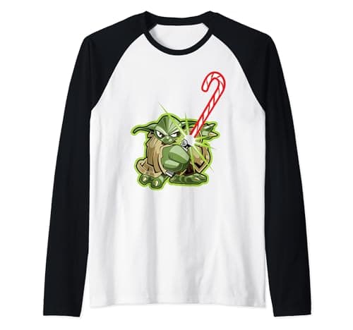 Image of Star Wars Christmas Candy Cane Yoda Raglan Baseball Tee