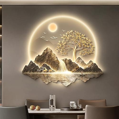 Image of 3D Wall Art With LED Lights, Large Canvas Sculpture For Living Room, Modern Hanging Painting For Bedroom, Wall Decor Lamp(Brown,55x48cm/22x19in)