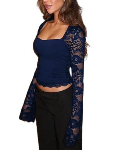 Image of Women's Lace Trim Square Neck T Shirt Y2K Long Flare Cuff Sleeve Basic Tops Elegant Slim Fit Blouse Aesthetic Tee Shirts (B-Blue, L)