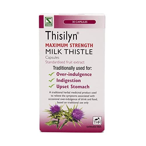 Image of Schwabe High Strength Milk Thistle - Thisilyn Maximum Strength - Traditionally Used for Relief of Overindulgence, Indigestion, Upset Stomach - Traditional Herbal Medicinal Product - 30 Capsules