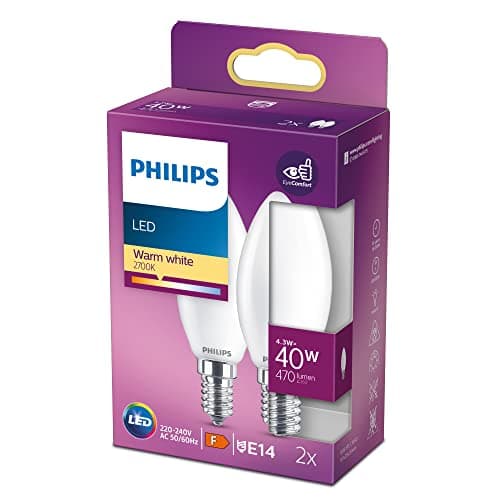 Image of Philips LED Premium Classic Frosted B35 Candle Light Bulb 2 Pack [E14 Small Edison Screw] 4.3W- 40W Equivalent, Warm White (2700K), Non-Dimmable.
