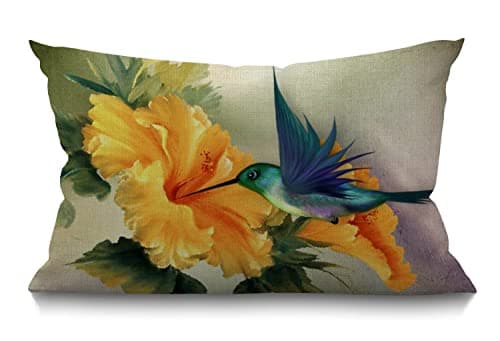 Image of BGBDEIA Cushion Cover Humming Bird Oil Painting Floral Bird Animal Spring Leaves Bright Nature Rectangular Throw Pillow Cover for Couch Sofa Home Decor Cotton Linen 30 x 50 cm 12x20 Inch