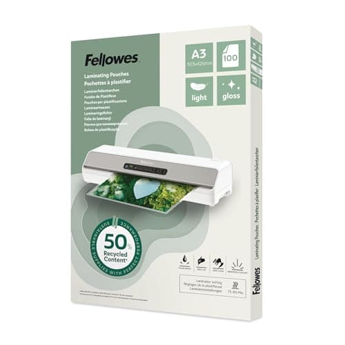 Image of Fellowes A3 Laminating Pouches – 100 Pack, Gloss Finish, Light Duty 75/80 Micron, 50% Recycled Content – Lamination for Teachers & Offices