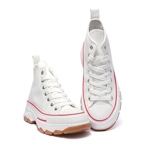 Image of Nexsus Plus Ladies Women Chunky Sole Lace Up High Top Casual (White/Red, UK Footwear Size System, Adult, Women, Numeric, Medium, 6)