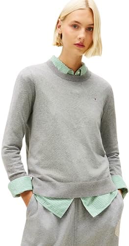 Image of Tommy Hilfiger Women's CO Jersey FINE GG LS C-NK SWT WW0WW44984 Pullover Sweater, Grey (Med Heather Grey), M